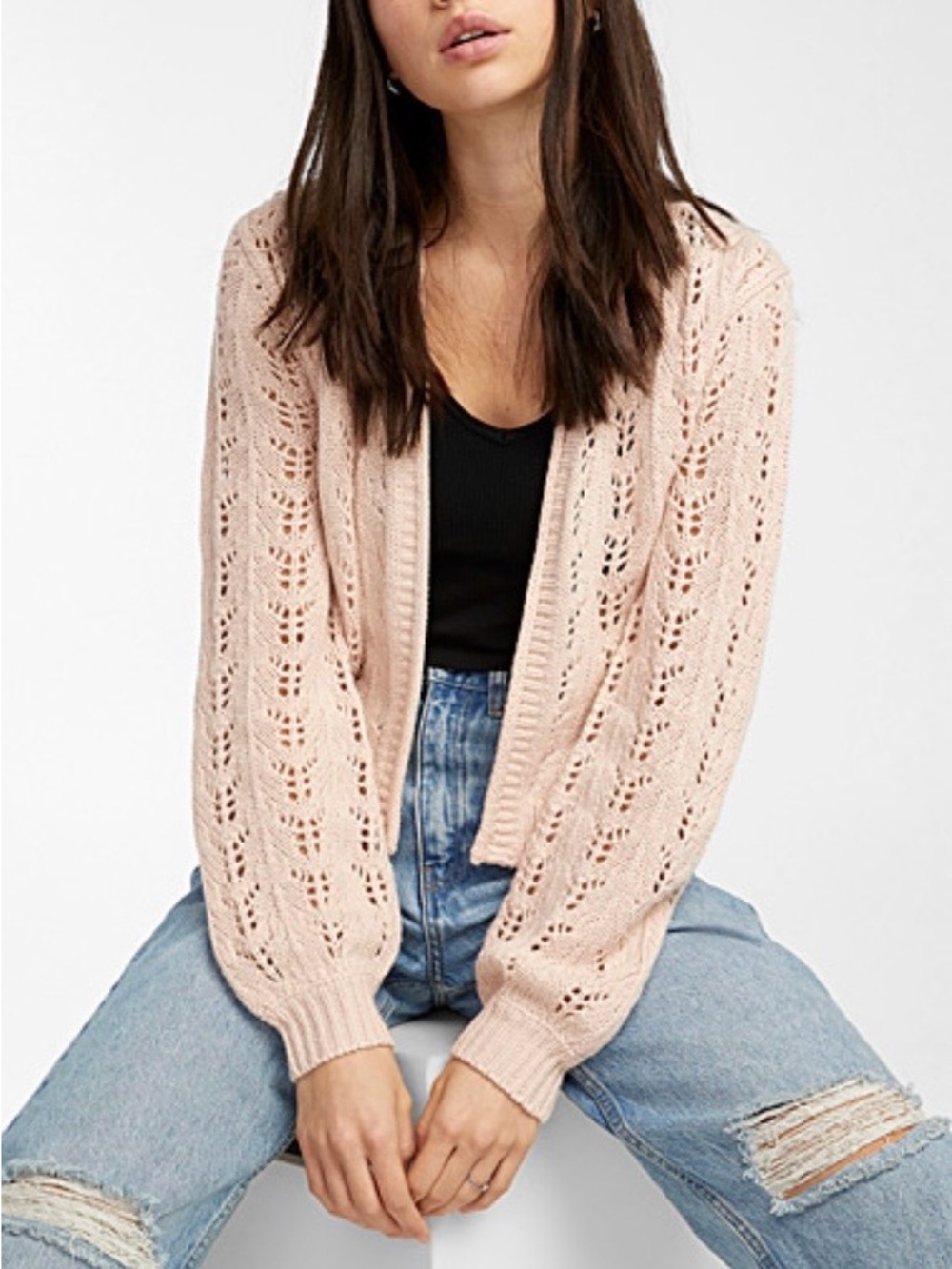 Simons Twik/EUC Pale Pink Open-Knit Lace-Pattern Cardigan Sz S